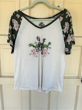 Jurassic Park Floral V Neck Short Sleeve Dinosaur Top Pink Green Women's XL